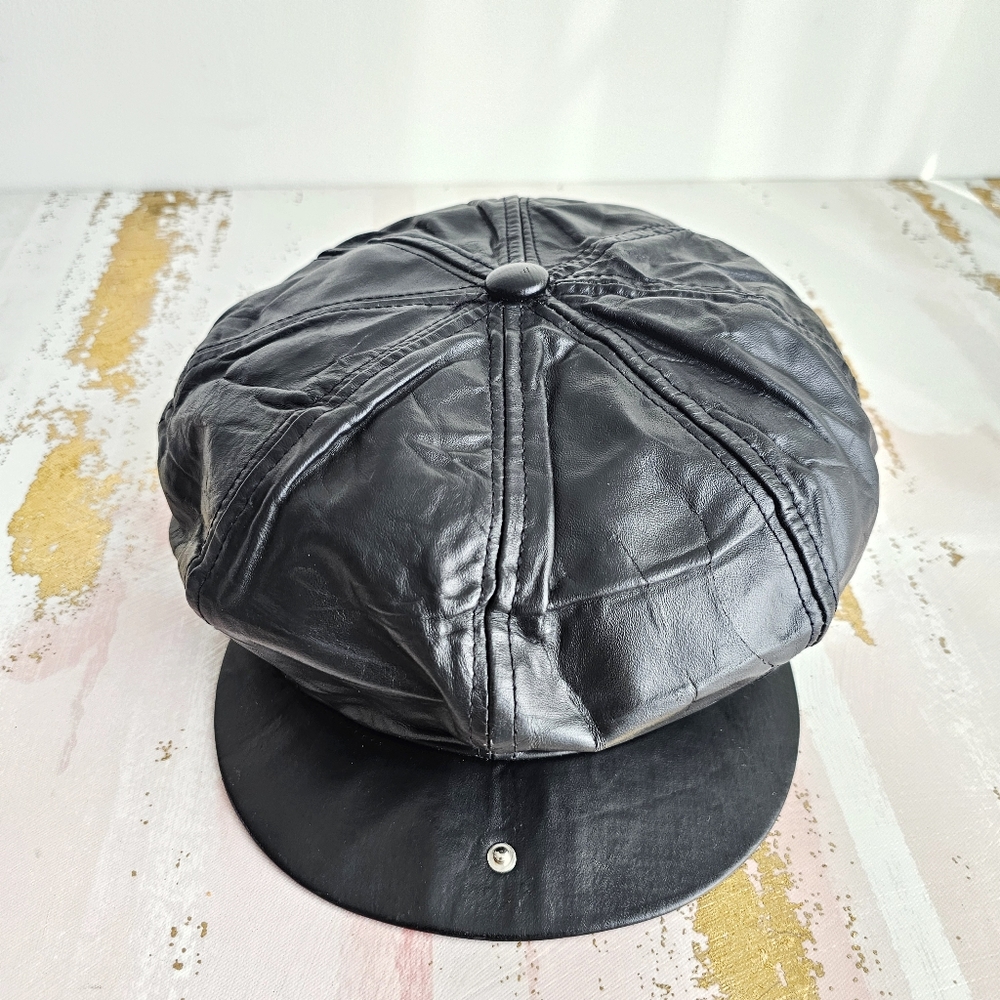 Black Leather Newsboy Cap - Picture 13 of 17